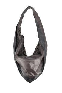 Dark gray leather hobo bag with soft draped silhouette and visible stitching from lemaire unisex bag scarf black collection