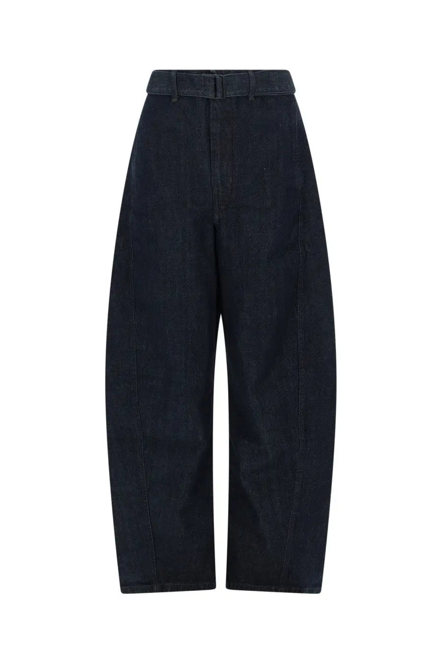 Dark indigo denim high waist wide tapered legs Lemaire unisex twisted pants blue front view