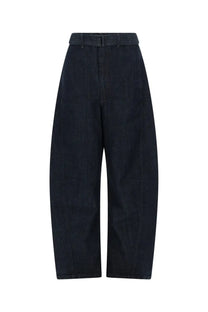 Dark indigo denim high waist wide tapered legs Lemaire unisex twisted pants blue front view