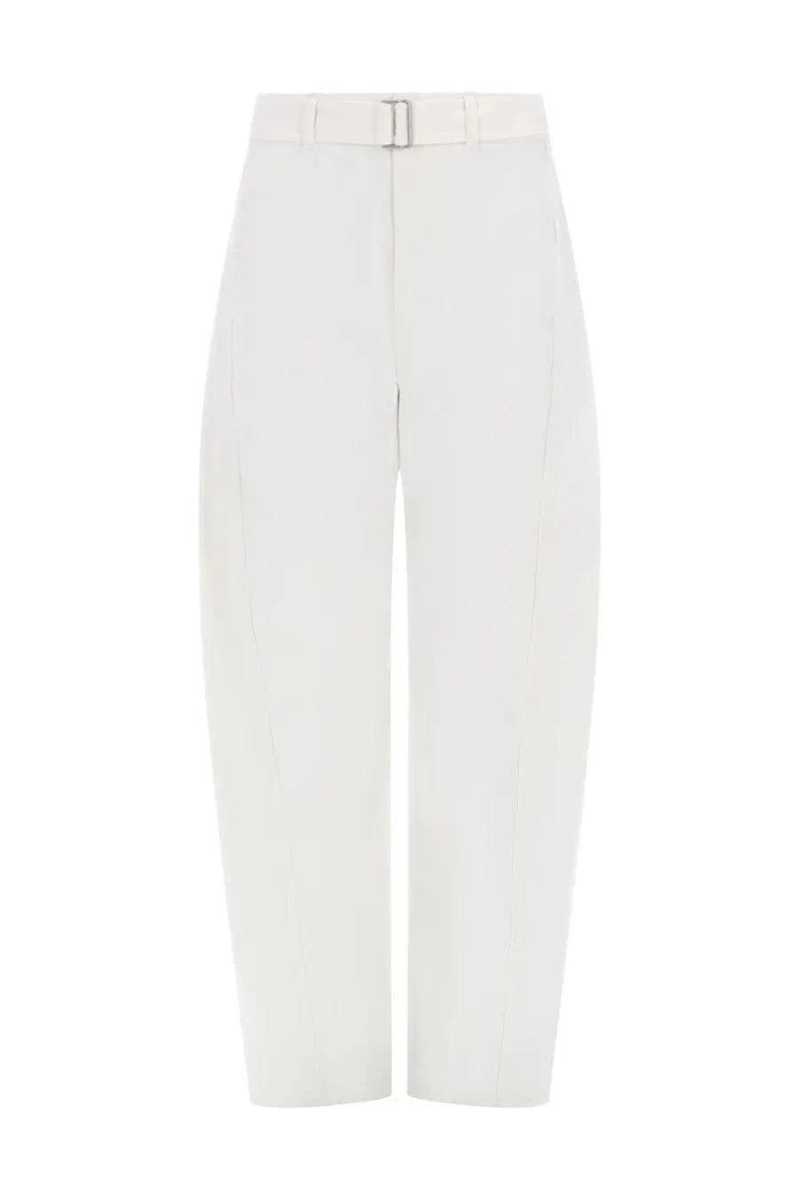Cream-colored lemaire unisex twisted pants with high waist, straight-leg cut, and matching belt with silver buckle