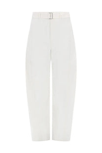 Cream-colored lemaire unisex twisted pants with high waist, straight-leg cut, and matching belt with silver buckle