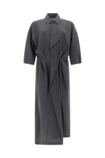 Lemaire women’s asymmetrical dark gray belted shirt dress with structured collar and three quarter sleeves