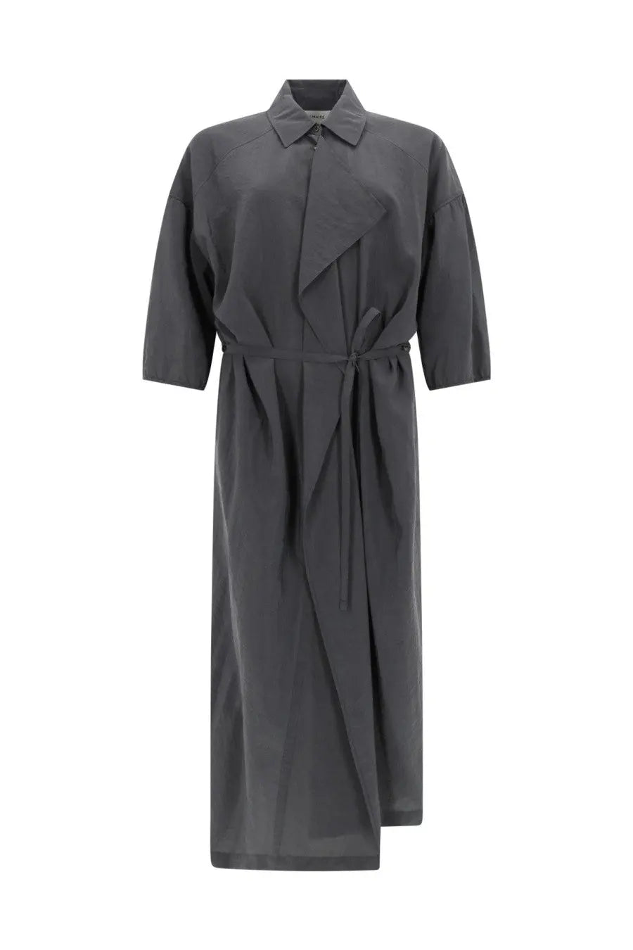 Lemaire women’s asymmetrical dress in grey featuring a sleek belted shirt design with structured collar and three quarter sleeves