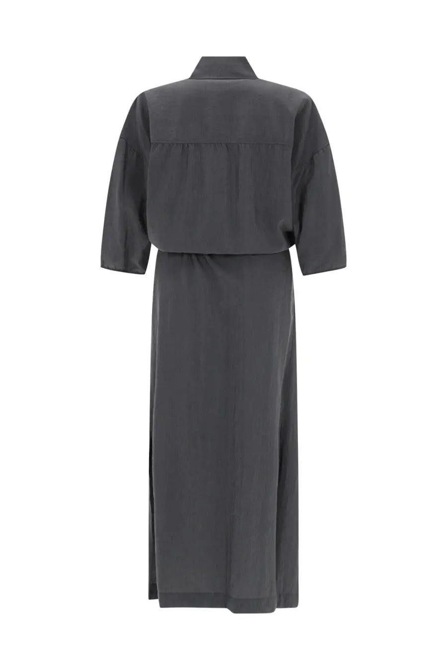 Lemaire women’s asymmetrical dark gray long-sleeved dress with structured collar and pleated waist detailing