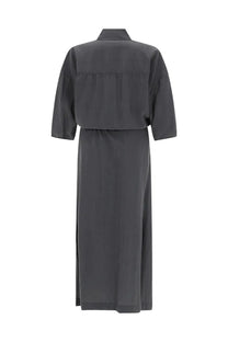 Lemaire women’s asymmetrical dark gray long-sleeved dress with structured collar and pleated waist detailing