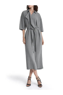 A sleek mid-length gray trench dress with belted waist and three-quarter sleeves by Lemaire womens asymmetrical dress