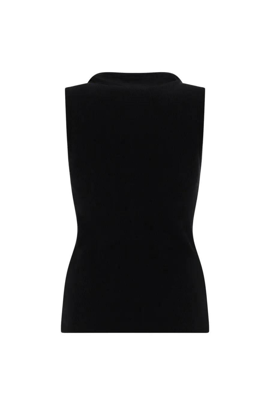 Lemaire women’s asymmetrical ribbed black sleeveless top with high structured neckline and form-fitting silhouette