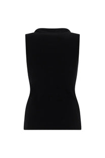 Lemaire women’s asymmetrical ribbed black sleeveless top with high structured neckline and form-fitting silhouette