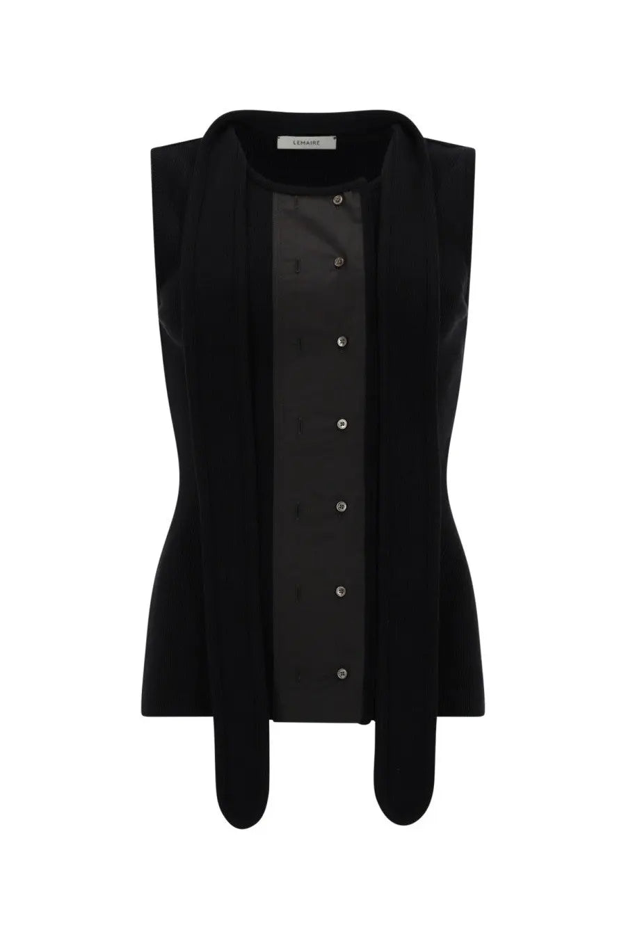 Black sleeveless vest with a sleek tailored fit and silver toned buttons from lemaire women’s asymmetrical ribbed top collection