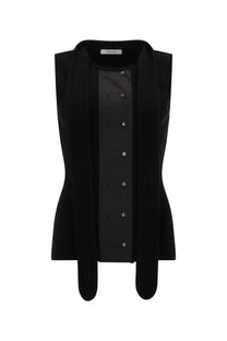 Black sleeveless vest with a sleek tailored fit and silver toned buttons from lemaire women’s asymmetrical ribbed top collection