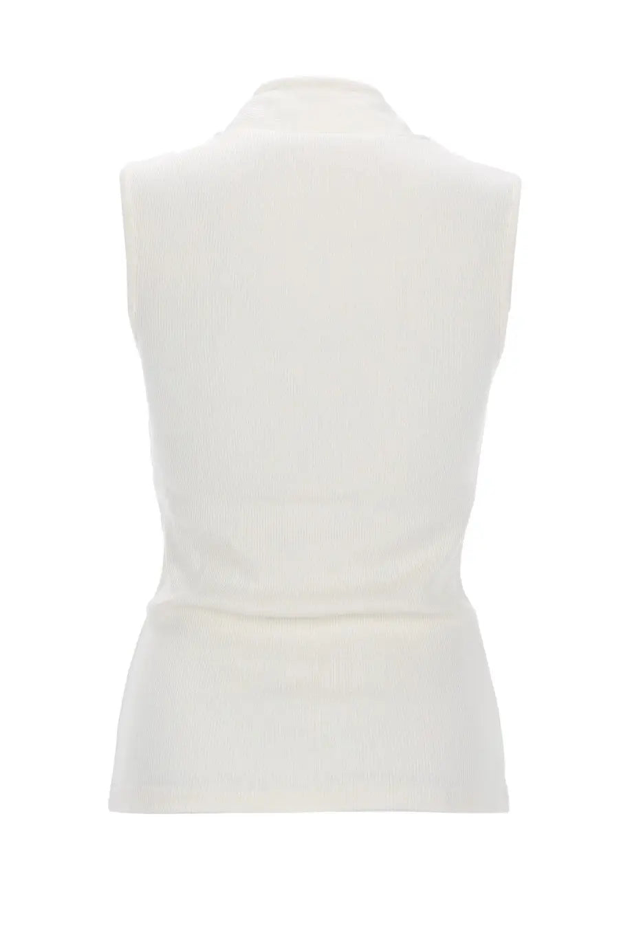 A sleek off-white ribbed knit sleeveless top with high collar and tailored fit from Lemaire womens asymmetrical ribbed top white