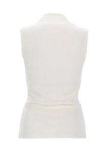 A sleek off-white ribbed knit sleeveless top with high collar and tailored fit from Lemaire womens asymmetrical ribbed top white