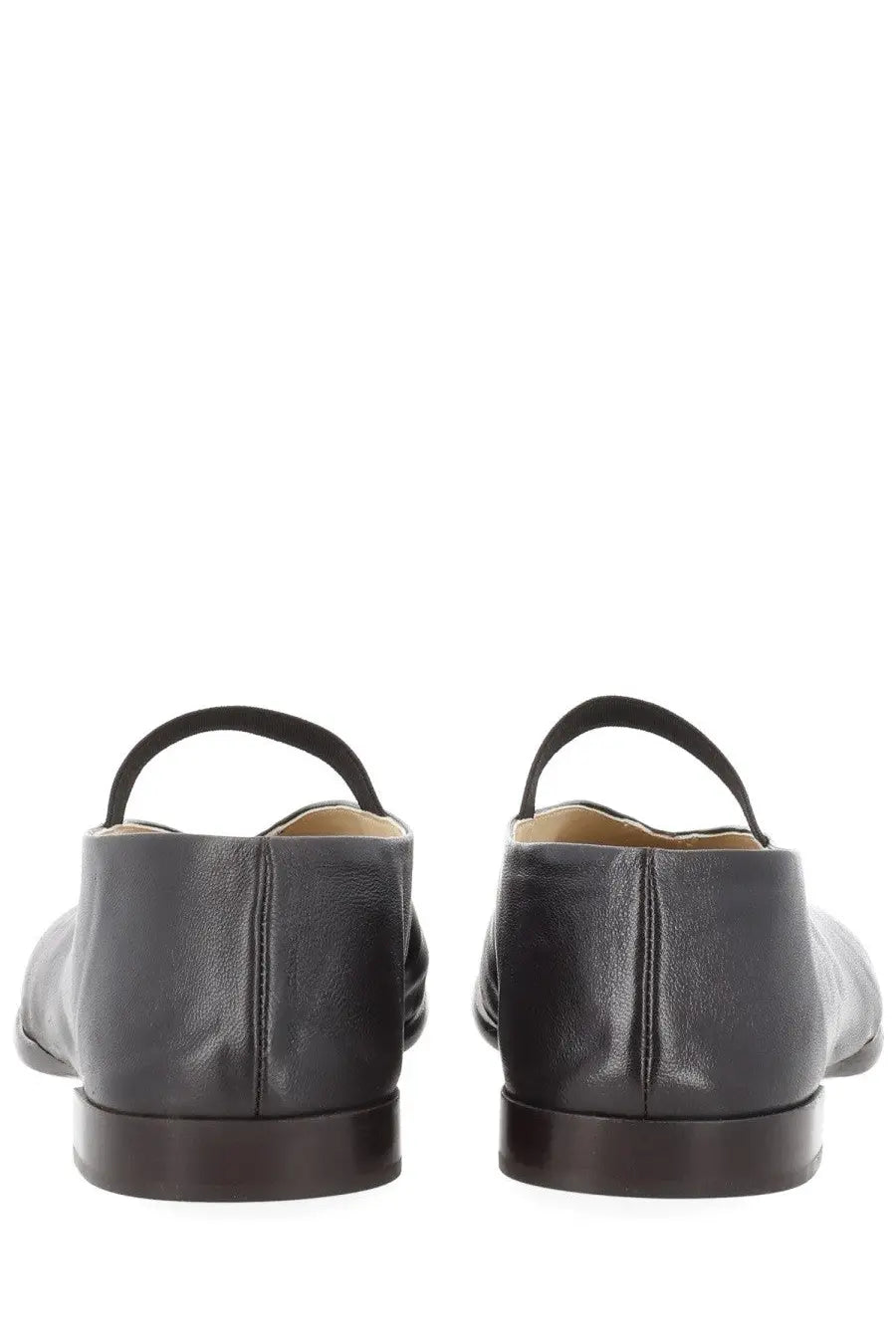 Lemaire women’s ballerina glove brown black leather mary jane shoes with rounded toe and small loop handle at the back