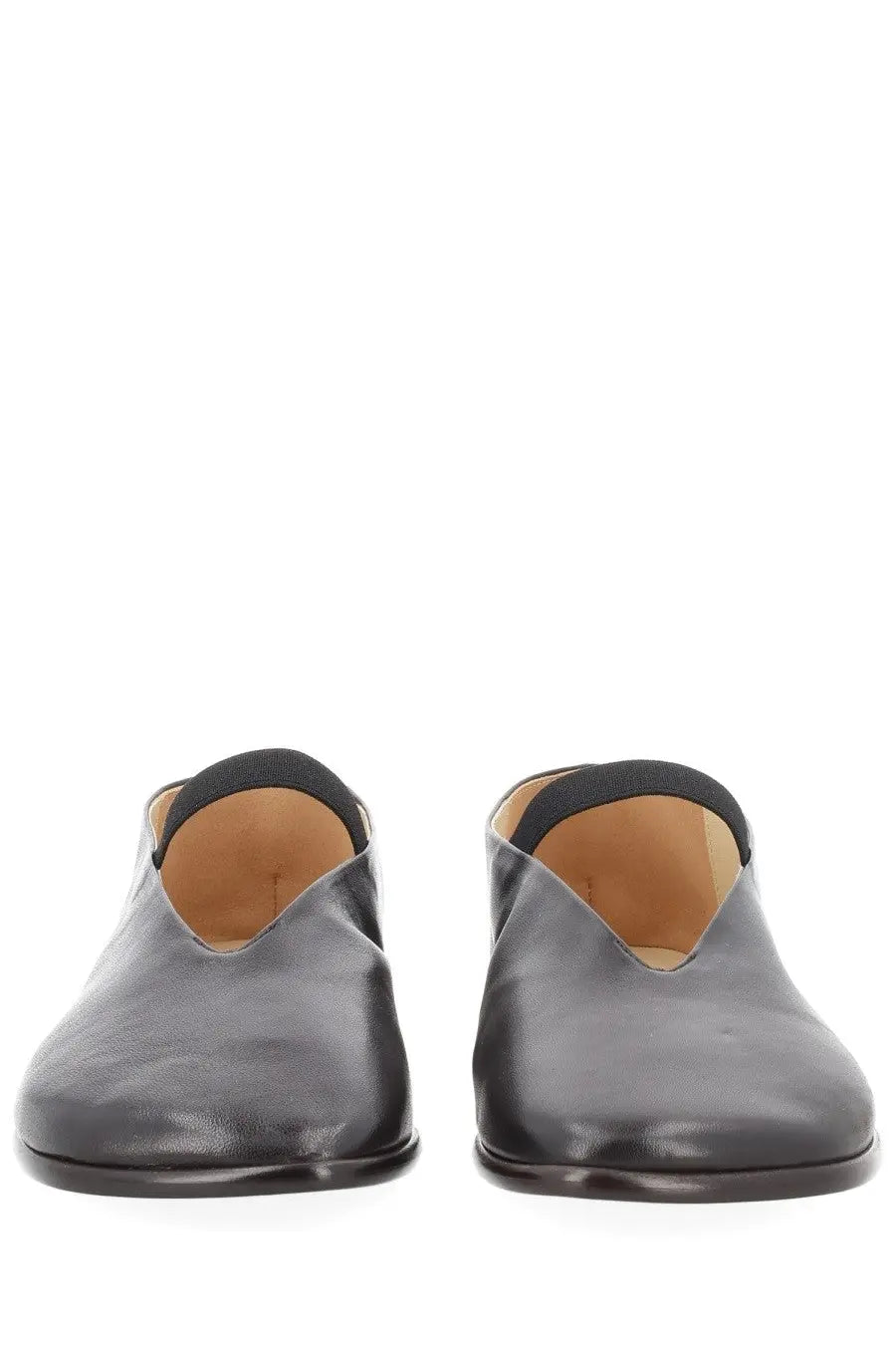 Lemaire women’s ballerina glove brown black leather slip-on mules with sleek minimalist design and tan lining