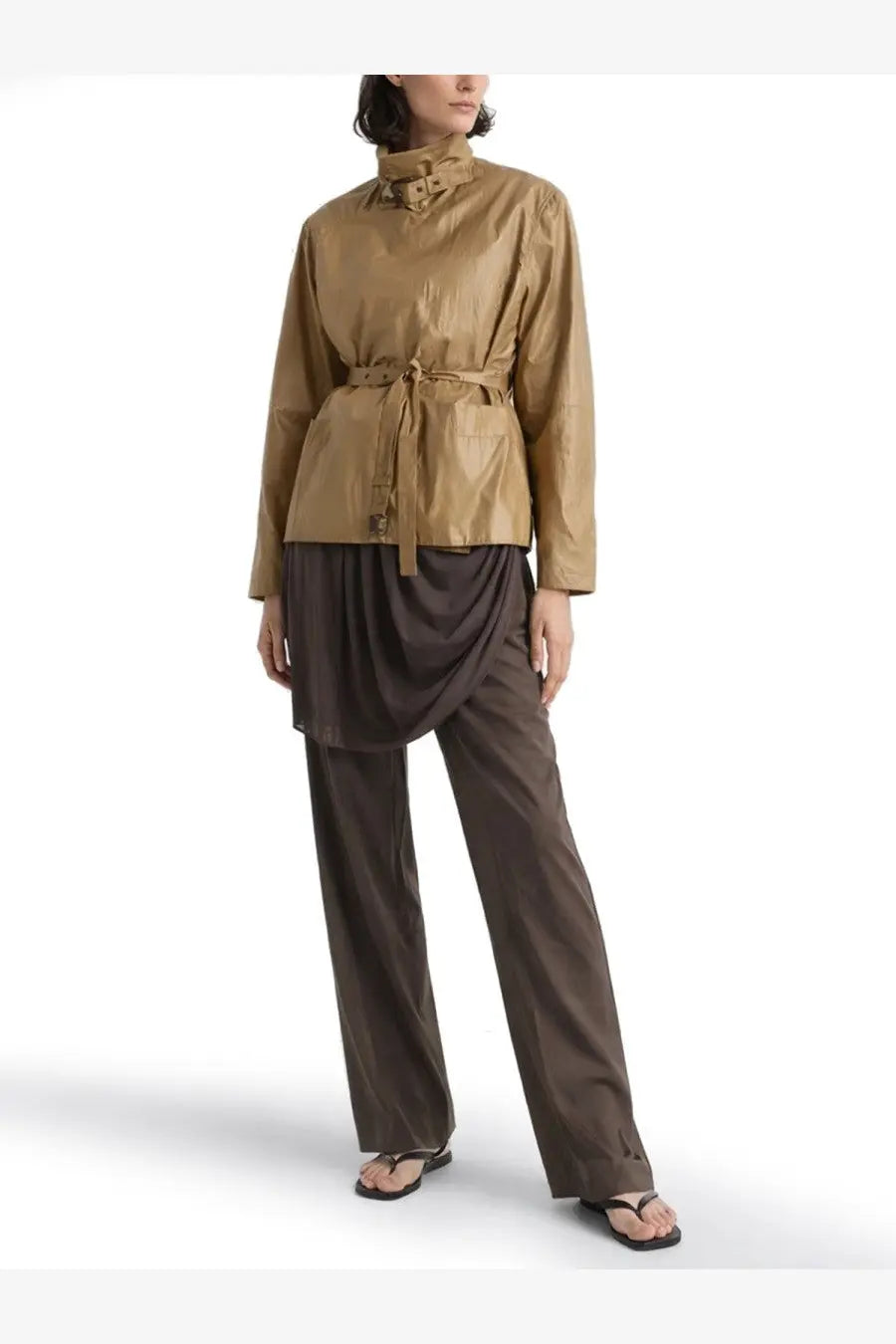 Tan belted trench coat with high collar and long sleeves in beige linen blend from lemaire women’s belt jacket collection