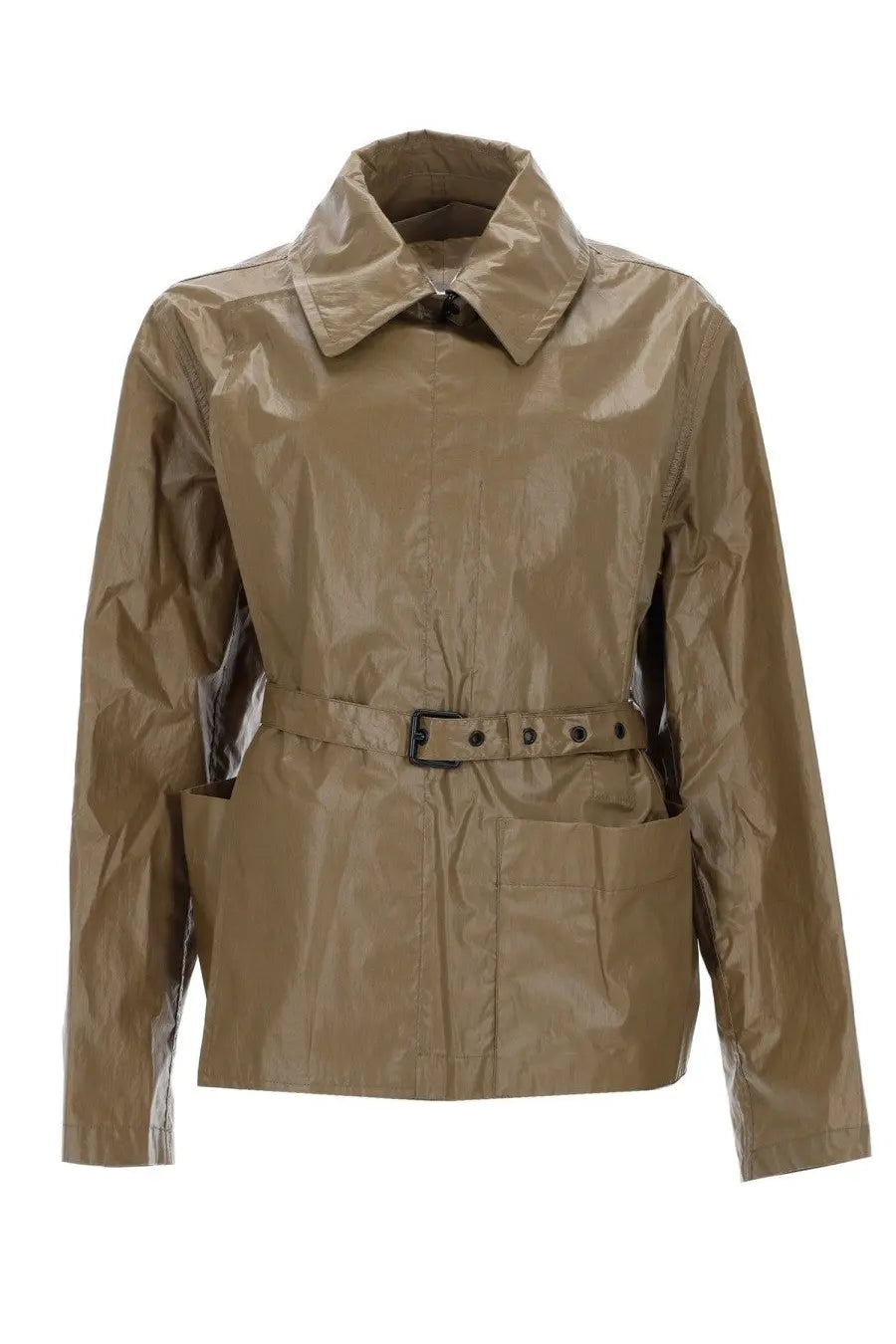 Lemaire women’s beige tan waterproof trench coat with belted waist and two front pockets