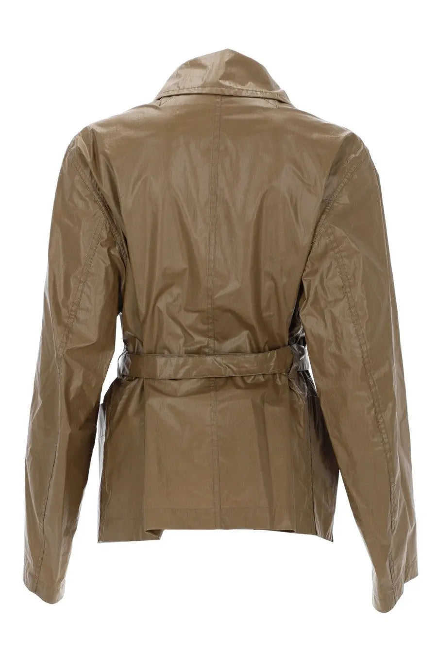 Lemaire women’s beige waterproof jacket with belted waist and classic collar ideal for wet weather wear