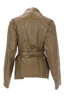 Lemaire women’s beige waterproof jacket with belted waist and classic collar ideal for wet weather wear