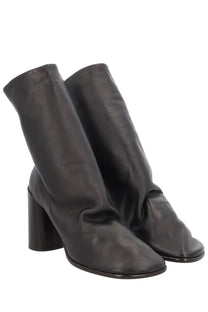 Lemaire women’s glove brown leather ankle boots with chunky heel and soft slightly wrinkled texture