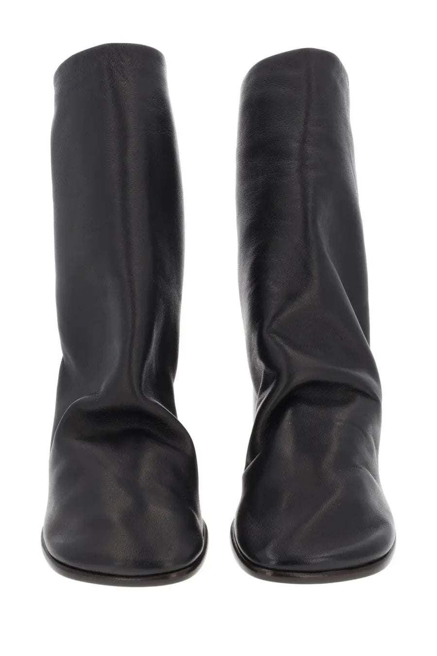 Lemaire women’s boots glove brown black leather knee-high boots with sleek minimalist design and flared square toes