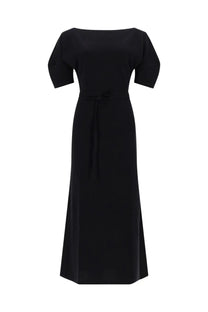 Lemaire women’s black off-the-shoulder midi dress with short sleeves tied waistband cotton and linen blend
