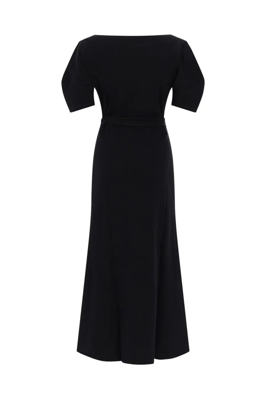 Lemaire women’s black cotton and linen off-the-shoulder midi dress with short puffed sleeves and fitted waist