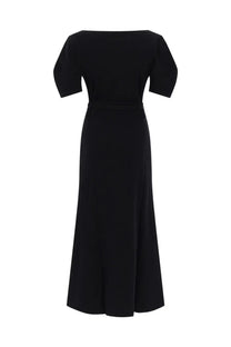 Lemaire women’s black cotton and linen off-the-shoulder midi dress with short puffed sleeves and fitted waist