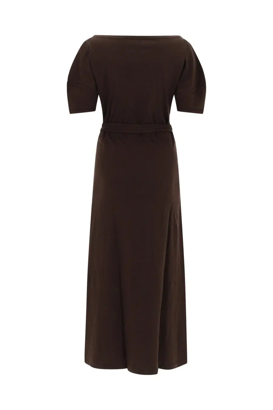 Lemaire women’s dark brown satin midi dress with short puffed sleeves and matching waist belt in cotton and linen