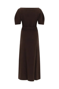 Lemaire women’s dark brown satin midi dress with short puffed sleeves and matching waist belt in cotton and linen