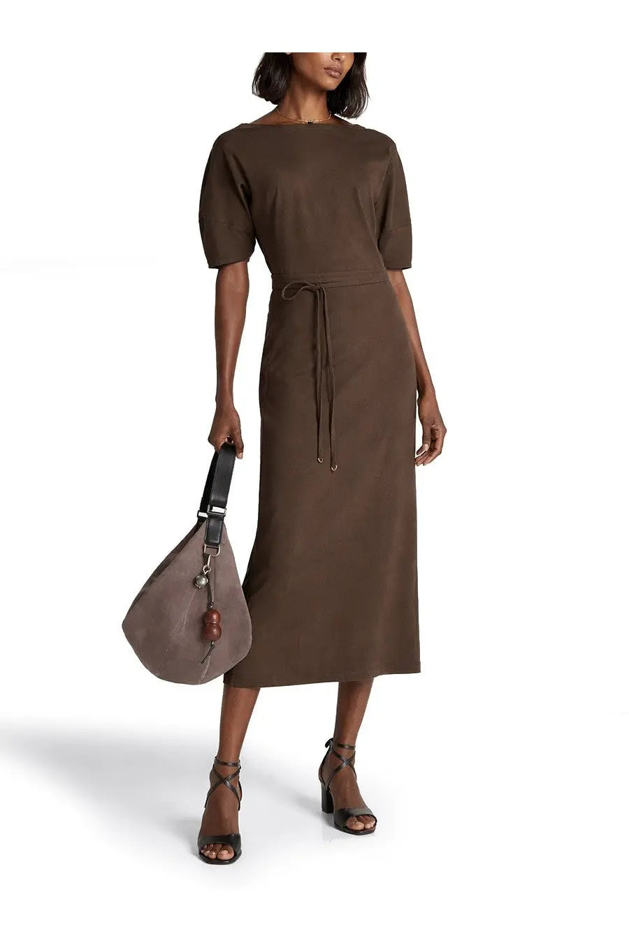 Lemaire women’s cotton and linen olive green midi dress with short sleeves and drawstring waist