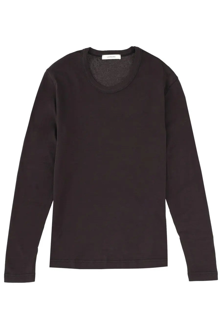 Lemaire women’s cotton shirt grey in soft knit fabric featuring a black long-sleeved crew neck top with a subtle label