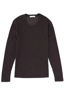Lemaire women’s cotton shirt grey in soft knit fabric featuring a black long-sleeved crew neck top with a subtle label