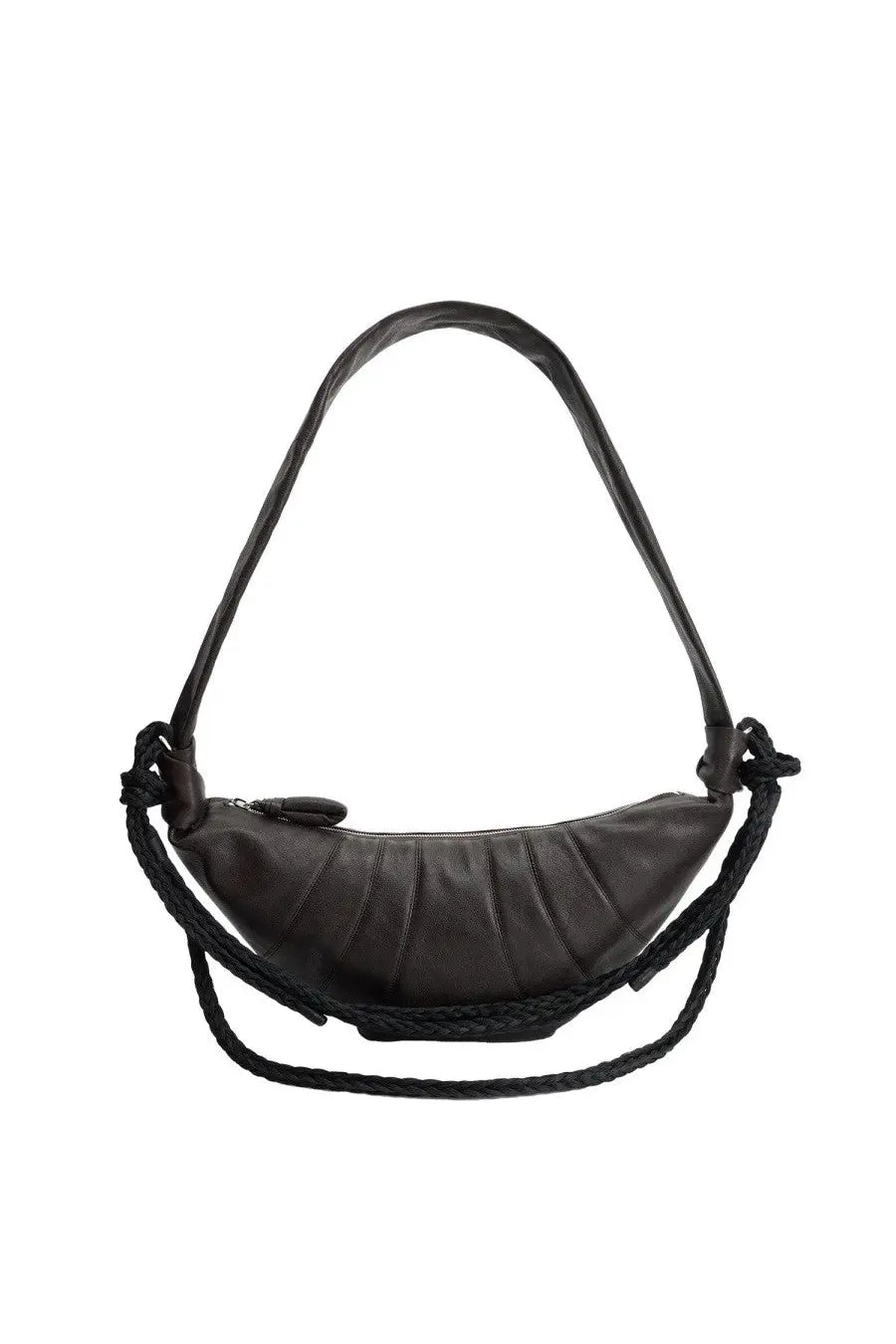 Lemaire women’s croissant bag brown in black leather with banana shape and braided crossbody strap details
