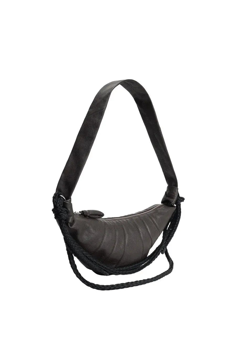 Lemaire women’s black leather banana-shaped crossbody bag with braided rope detailing for stylish carrying
