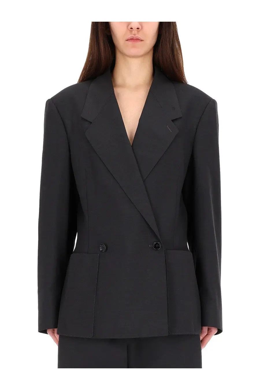 Black double breasted blazer with structured shoulders and pleated front pockets by Lemaire womens jacket gray