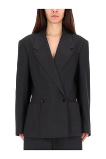Black double breasted blazer with structured shoulders and pleated front pockets by Lemaire womens jacket gray