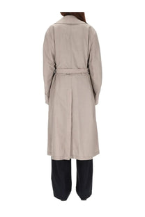 Lemaire women’s double breasted beige trench coat with belted waist and classic collar in soft fabric