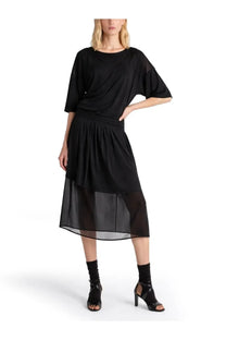 Lemaire women’s black midi dress with draped loose fitting top and layered sheer skirt in double layer fabric