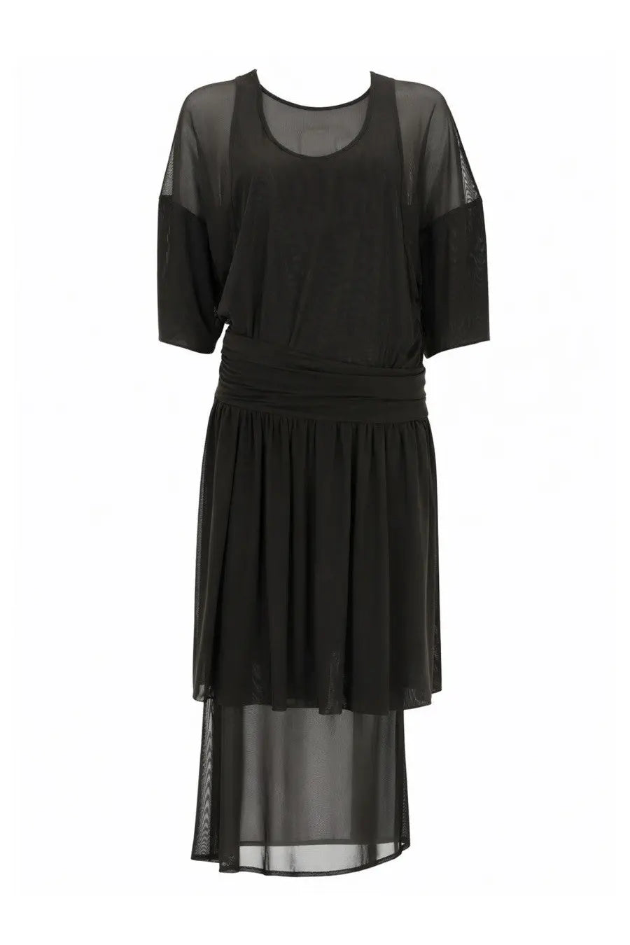 Lemaire women’s double layer black dress with sheer mesh sleeves and a layered skirt in elegant design