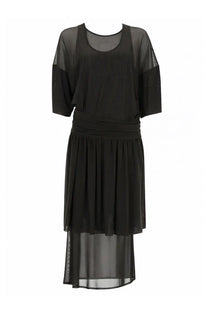 Lemaire women’s double layer black dress with sheer mesh sleeves and a layered skirt in elegant design