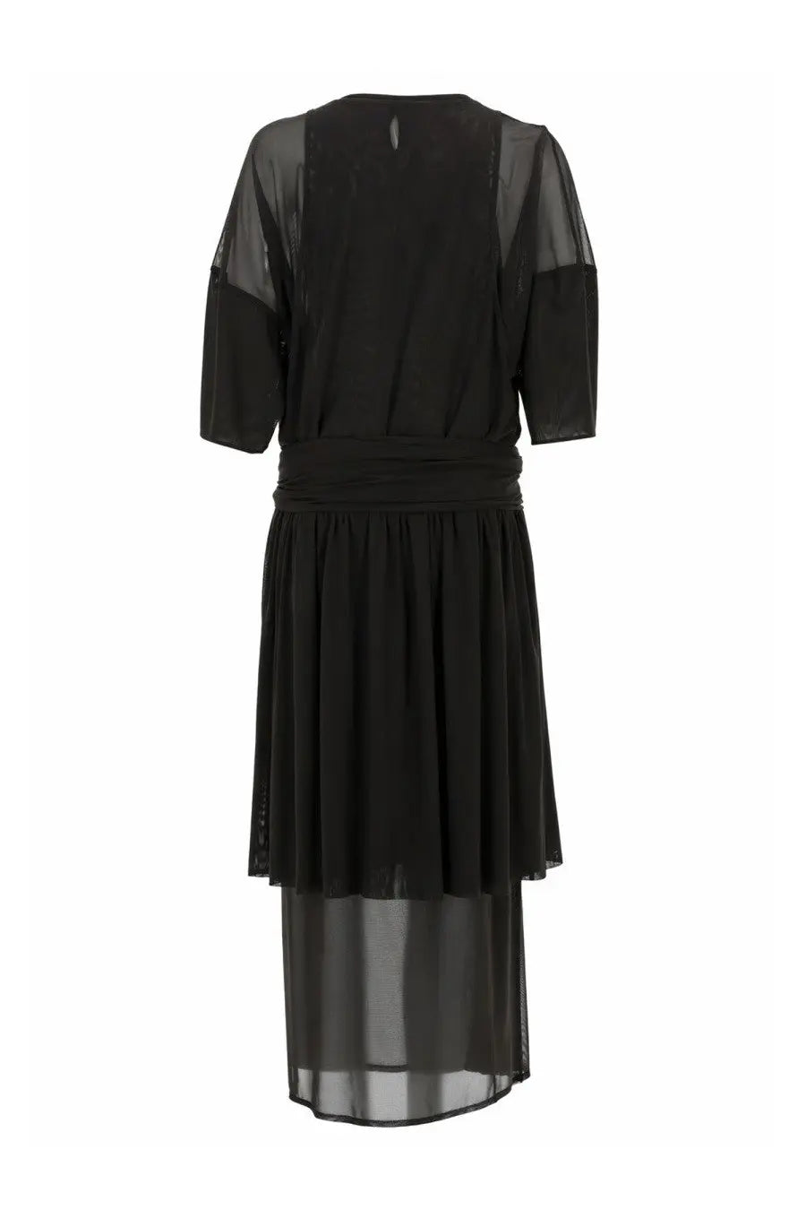 Lemaire women’s black double layer dress with sheer mesh sleeves and a flowing layered skirt