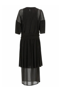 Lemaire women’s black double layer dress with sheer mesh sleeves and a flowing layered skirt