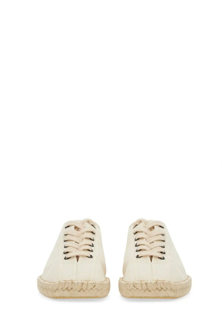 Lemaire women’s espadrilla linoleum white cream canvas sneakers with black laces and woven espadrille sole