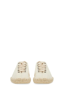 Lemaire women’s espadrilla linoleum white cream canvas sneakers with black laces and woven espadrille sole