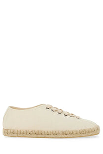 Cream-colored lemaire women’s espadrille sneaker with leather upper and woven jute sole in linoleum white