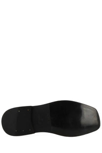 Sole of lemaire women’s black leather flat piped slipper with glossy finish and embossed branding visible on back side