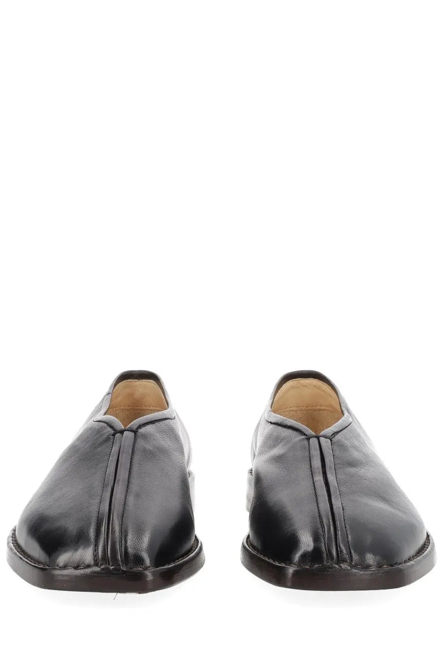 Lemaire women’s flat piped slipper in black leather slip-on style with sleek minimalist design and subtle stitching details