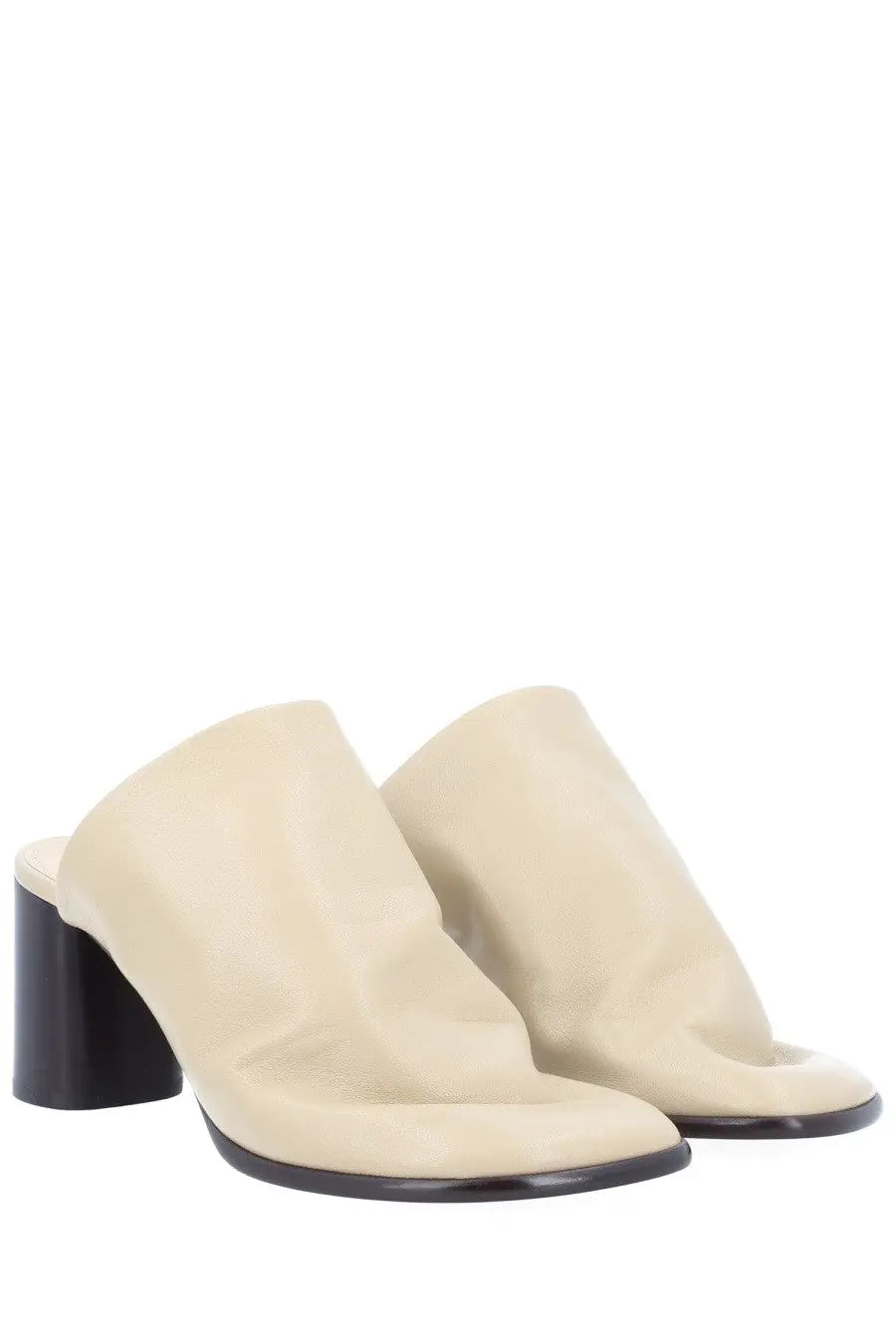 Lemaire women’s mule glove beige cream leather mules with black block heel and sole front view