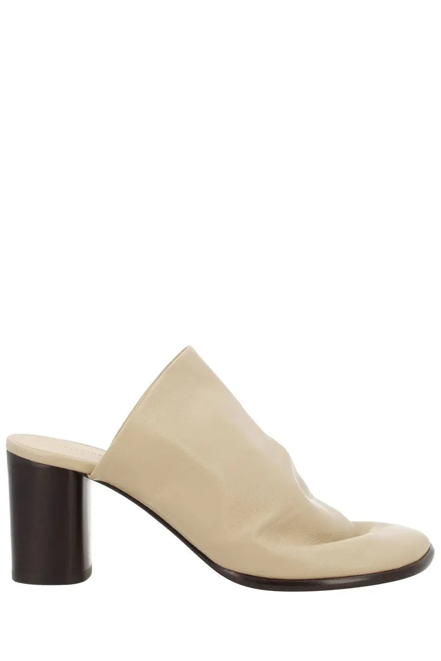Lemaire women’s mule glove beige cream leather shoe with dark brown block heel for stylish casual wear