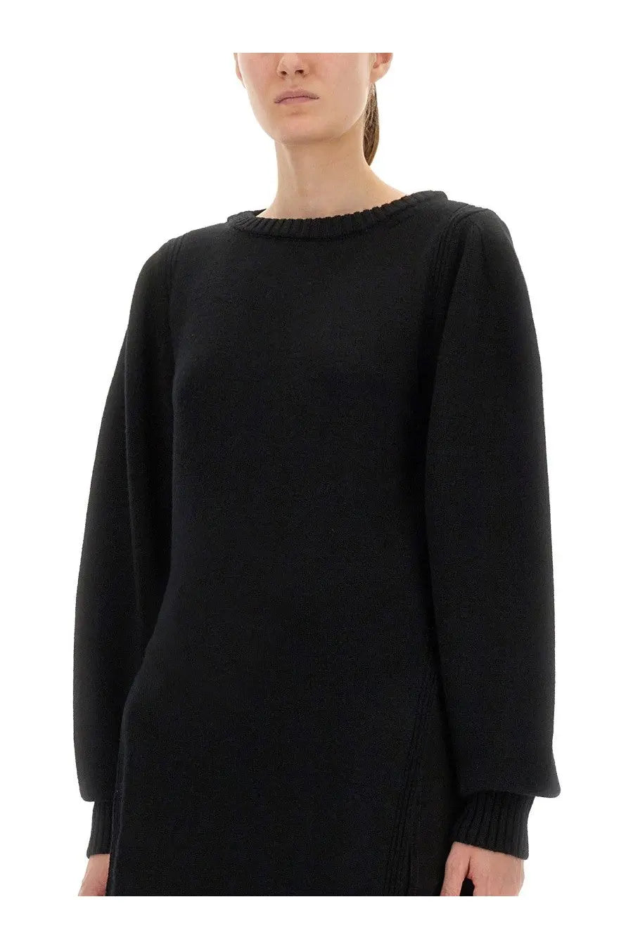 Lemaire women’s black knit sweater dress with ribbed neckline and cuffs in soft wool blend material